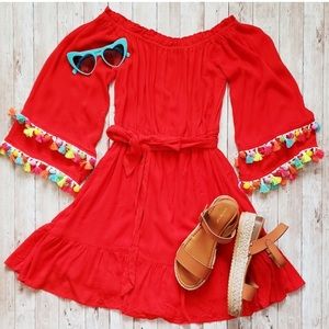 Multi Colored Pom  Pom Off the Shoulder Dress